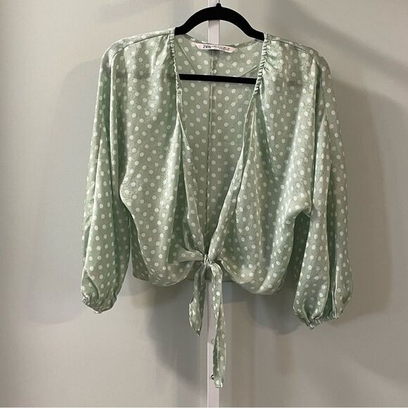 Zara Mint Green & White Polka Dot V-Neck Tie Top - Picture 3 of 8